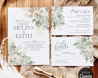 Sage Green Wedding Invitation Suite: Boho Greenery (Canva Template)