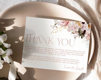 Floral Bridal Shower Thank You Card Template, Blush Pink Floral Card Printable B009