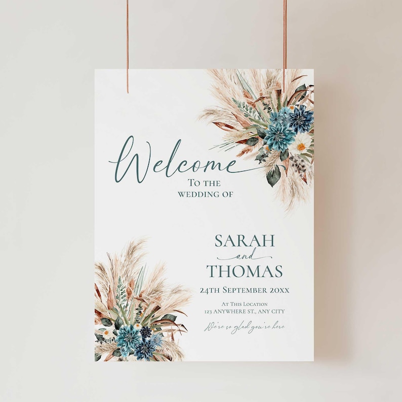 Boho Teal Wedding Welcome Sign Template, Turquoise Wedding Signage Template, Welcome to Our Wedding Signs Printable E106