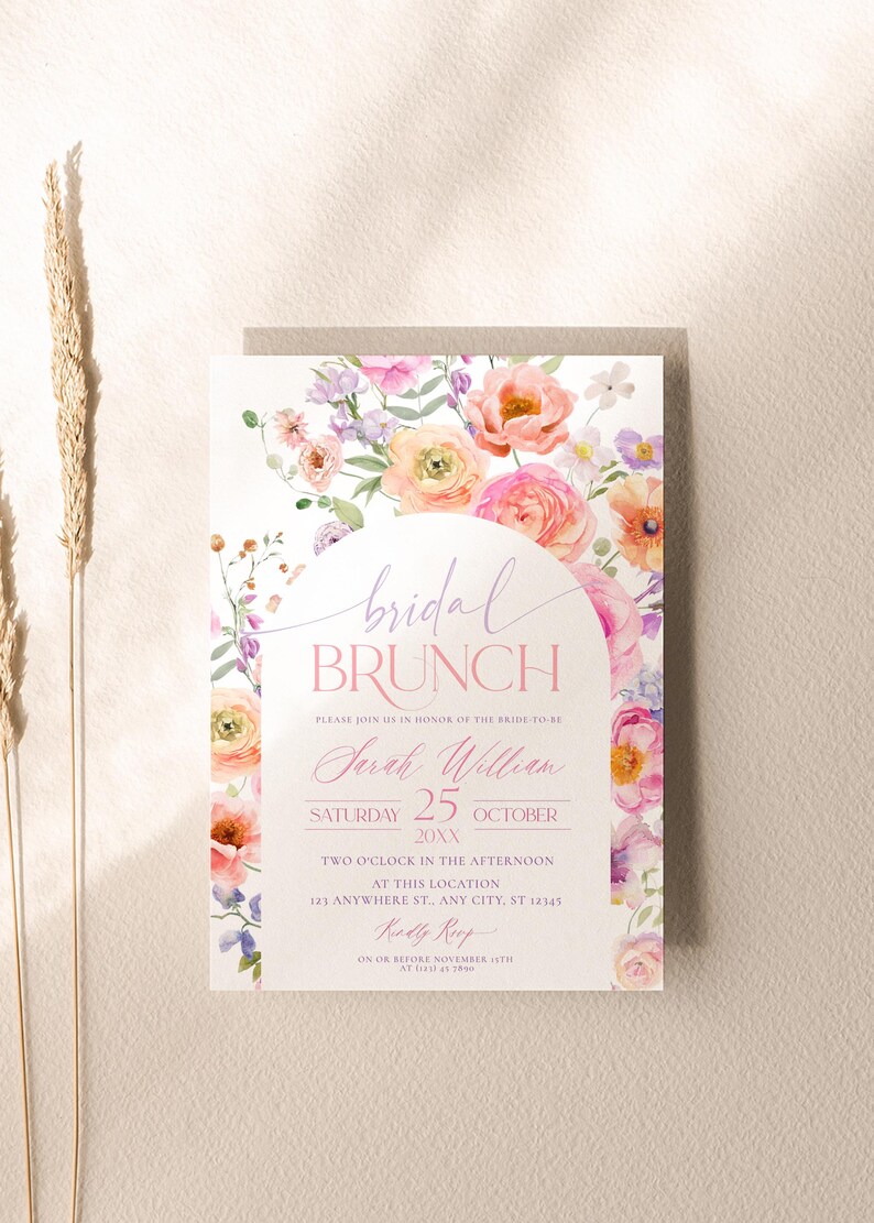 Close-Up of Editable Bridal Brunch Invitation Template Featuring Bold Floral Artwork and Customizable Text Layout