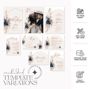 Op de afbeelding: Een set trouwkaarten-sjablonen met een beige achtergrond, marineblauwe en gedroogde bloemaccenten en boogvormige kaders. De collectie bevat uitnodigingskaarten, RSVP-kaarten, detailkaarten en bedankkaartjes met elegante kalligrafie.