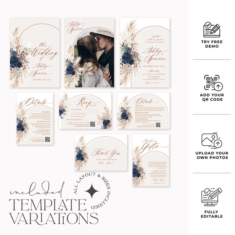 Op de afbeelding: Een set trouwkaarten-sjablonen met een beige achtergrond, marineblauwe en gedroogde bloemaccenten en boogvormige kaders. De collectie bevat uitnodigingskaarten, RSVP-kaarten, detailkaarten en bedankkaartjes met elegante kalligrafie.