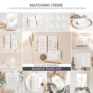 May include: Elegant wedding stationery bundle template with floral designs. Includes invitations, RSVP cards, table numbers, menus, and thank you tags. The design features a delicate floral pattern in shades of white, green, and brown.