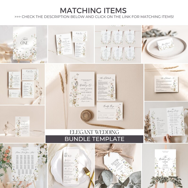 May include: Elegant wedding stationery bundle template with floral designs. Includes invitations, RSVP cards, table numbers, menus, and thank you tags. The design features a delicate floral pattern in shades of white, green, and brown.