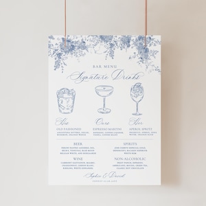 Minimalistisches Hochzeitsgetränk Zeichen Vorlage, Monogramm Signatur Cocktail Zeichen, etwas Blaues Hochzeitsgetränk Zeichen druckbar F003