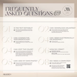 May include: A frequently asked questions infographic for wedding stationery templates. The infographic is divided into eight sections, each with a question and answer. The questions are: Is the text editable? Can I download unlimited? Can I change the size/orientation? Can I edit the color? Can I add my own photo? How do I print? Do I need a computer? The answers are all yes, with additional details provided for each question.
