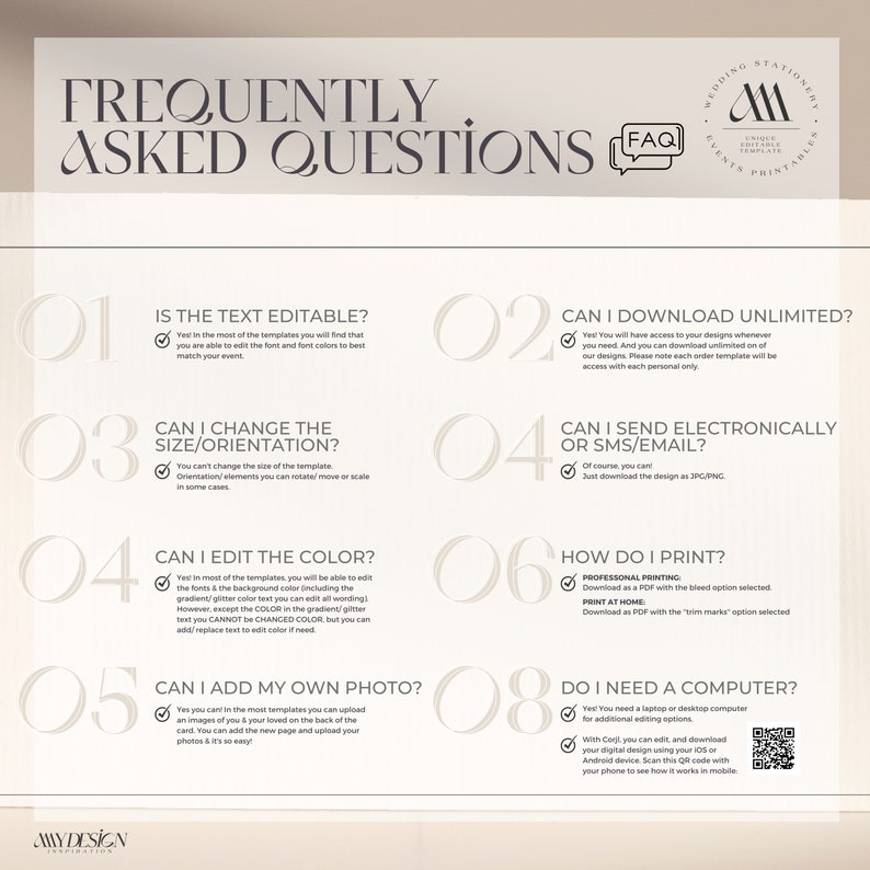 May include: A frequently asked questions infographic for wedding stationery templates. The infographic is divided into eight sections, each with a question and answer. The questions are: Is the text editable? Can I download unlimited? Can I change the size/orientation? Can I edit the color? Can I add my own photo? How do I print? Do I need a computer? The answers are all yes, with additional details provided for each question.