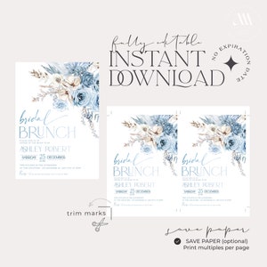 May include: Printable bridal brunch invitation with a blue and white floral design. The invitation says "Bridal Brunch" and includes the names "Ashley Robert" and the date "Saturday 25 December 2018".