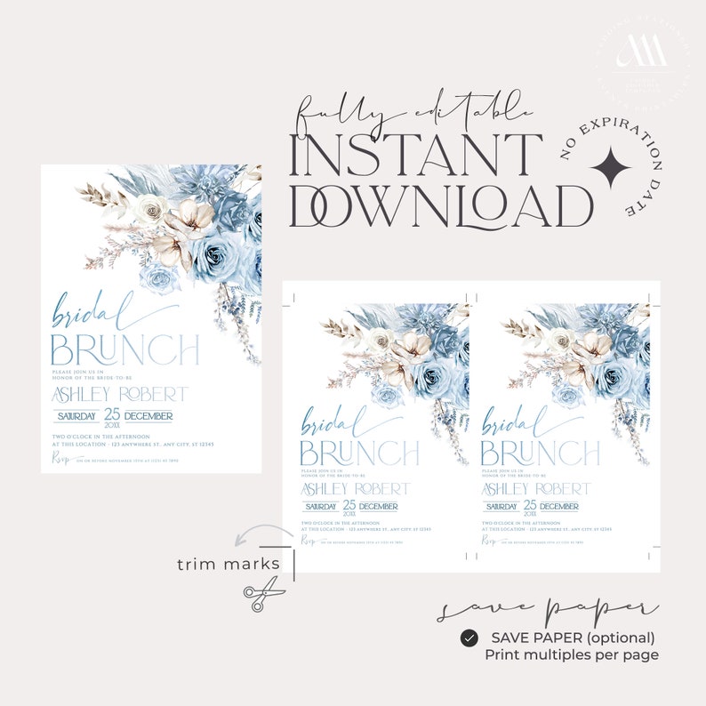 May include: Printable bridal brunch invitation with a blue and white floral design. The invitation says "Bridal Brunch" and includes the names "Ashley Robert" and the date "Saturday 25 December 2018".
