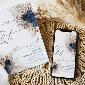 Navy Rust Wedding Save The Date Template with Photo, Boho Save The Date Cards Printable Download E017
