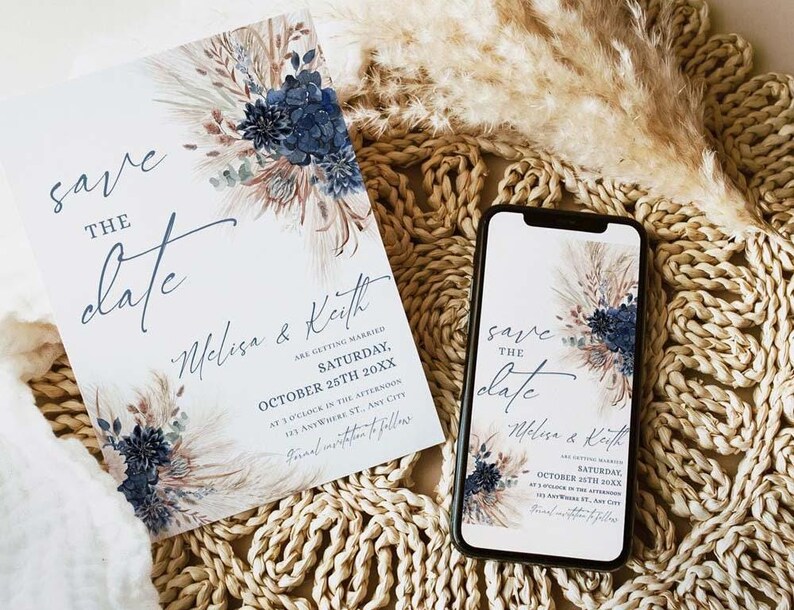 Navy Rust Wedding Save The Date Template with Photo, Boho Save The Date Cards Printable Download E017