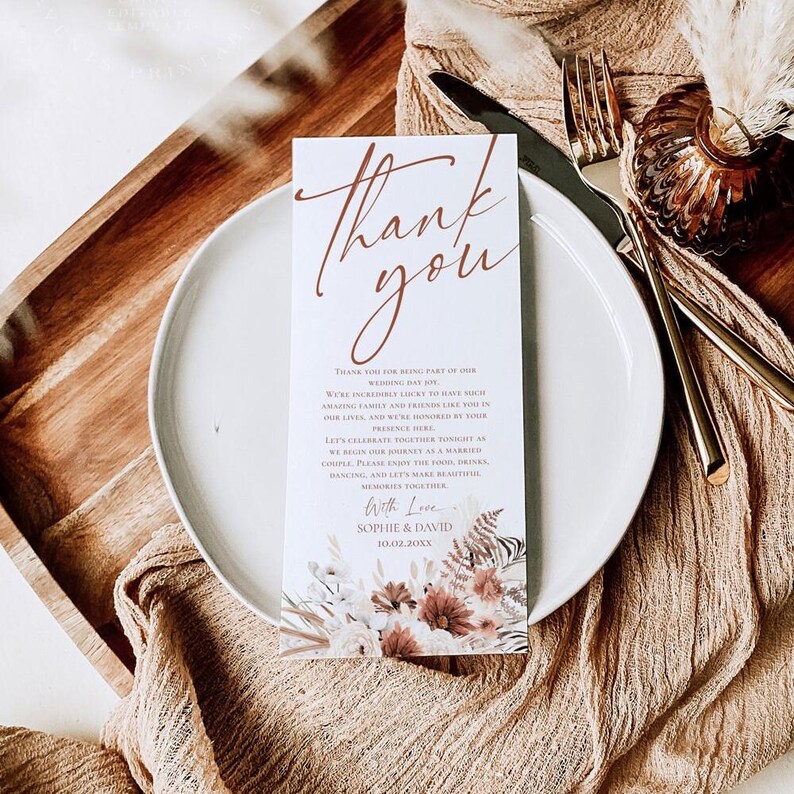 Terracotta Wedding Thank You Place Card: Boho Table Note