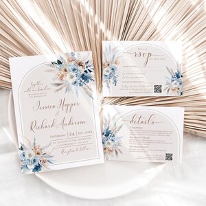 May include: A wedding invitation suite featuring a main invitation, an RSVP card, and a details card. Each white card displays a beige arch, blue and tan floral illustrations, and elegant script text including names Jessica Hopper and Richard Anderson.