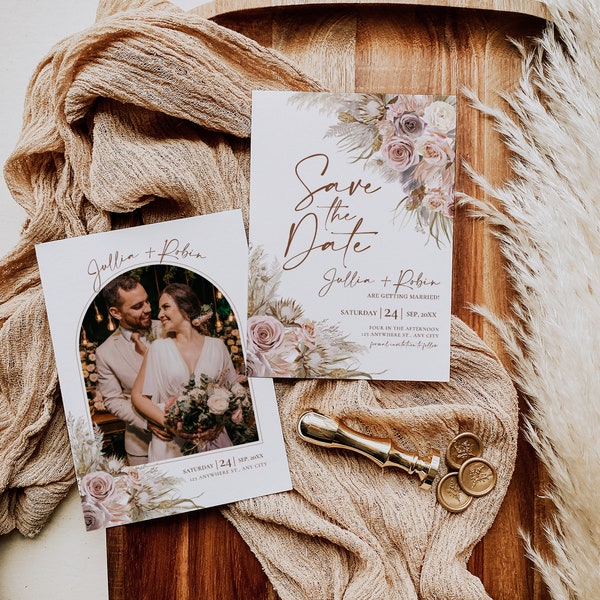 Boho Save The Date Template, Pink Save The Date Cards, Pampas grass Save the Date Evite, Editable Template Instant Download #481