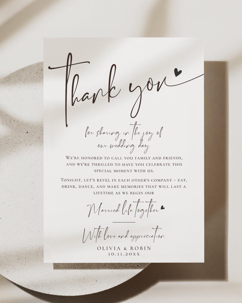 Minimalist Thank You Napkin Note, Place Setting Thank You, Wedding Table Thank You Template