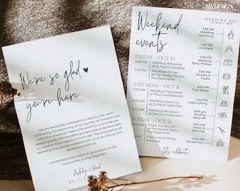 Minimalist Wedding Events Card Template, Wedding Itinerary Template, Wedding Welcome Bag Note, Schedule Events Timeline Editable