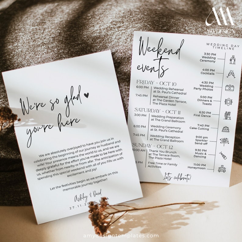 Minimalist Wedding Events Card Template, Weeding Itinerary Template, Wedding Welcome Bag Note, Schedule Events Timeline Editable image 1
