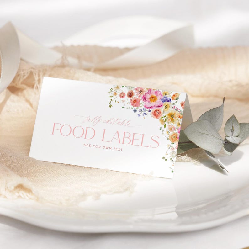Bright Floral Food Labels Template, Floral printed place cards, Colorful Flowers Place card printable, food label Editable template B066