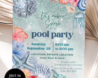 Glitter Water Pool Birthday Party Invitation Canva Template, Silver Mirror Disco Ball Card, Jellyfish Starfish Tropical Theme