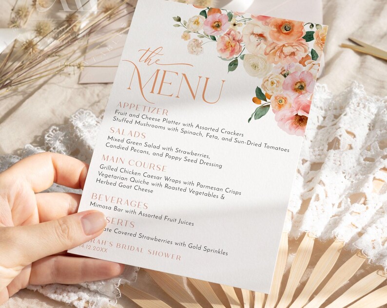 Peach Citrus Bridal Shower Menu Template: Floral Thank You Note (Digital Download) B007