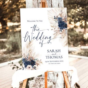 Navy Blue Wedding Welcome Sign Template, Boho Wedding Sign Template, Pampas Signage Printable E108