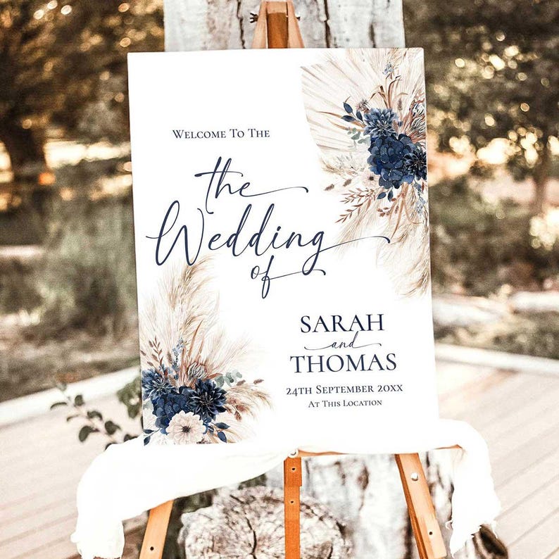 Navy Blue Wedding Welcome Sign Template, Boho Wedding Sign Template, Pampas Signage Printable E108
