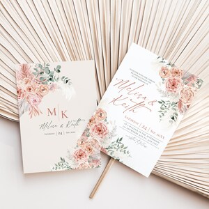 May include: Two rectangular wedding invitation cards featuring watercolor illustrations of dusty pink roses, pampas grass, and eucalyptus leaves. The text includes the names Melisa & Keith, the date Saturday 24 Sep, 20XX, and wedding details.