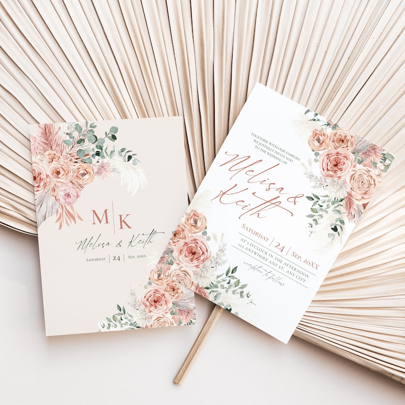 May include: Two rectangular wedding invitation cards featuring watercolor illustrations of dusty pink roses, pampas grass, and eucalyptus leaves. The text includes the names Melisa & Keith, the date Saturday 24 Sep, 20XX, and wedding details.