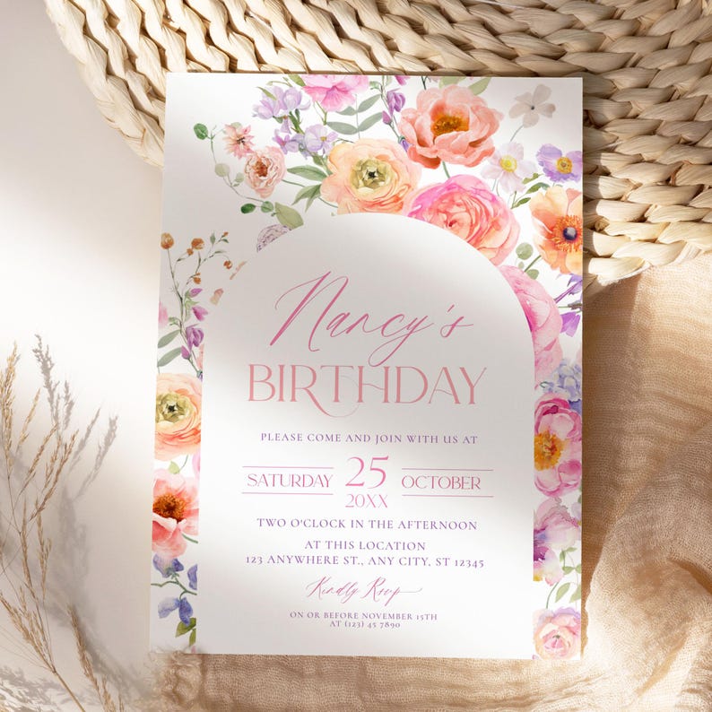 May include: A floral birthday invitation with a pink watercolor design. The invitation features the text "Nency's Birthday" and details for the event, including the date, time, and location. RSVP information is also included.