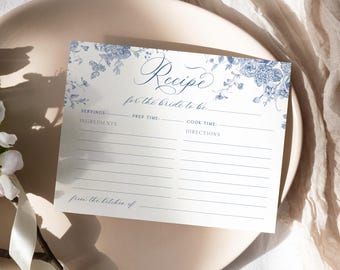 Editable Recipe Card Template, Something Blue Bridal Shower Recipe Cards Printable B037