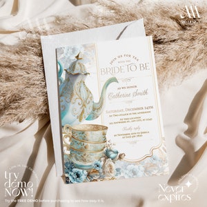 Tea party bridal shower invitation template, Blue bridal shower tea invitation, Editable bridal shower tea invite template, Corjl B020