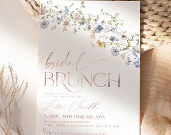 Plantilla de invitación para brunch nupcial con flores silvestres: invitación floral editable (descarga digital)