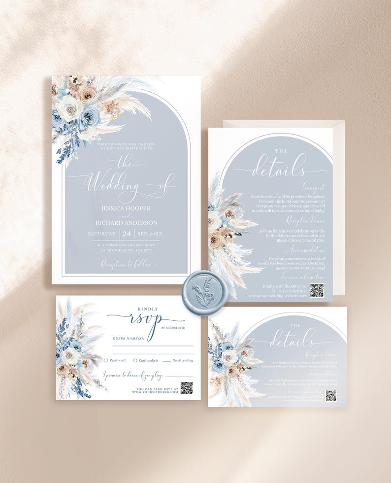 May include: A wedding invitation suite with a blue and white color scheme. The invitation features a watercolor illustration of pampas grass and flowers. The text on the invitation reads "The Wedding of Jessica Hooper and Richard Anderson, Saturday, 24 September 20XX".
