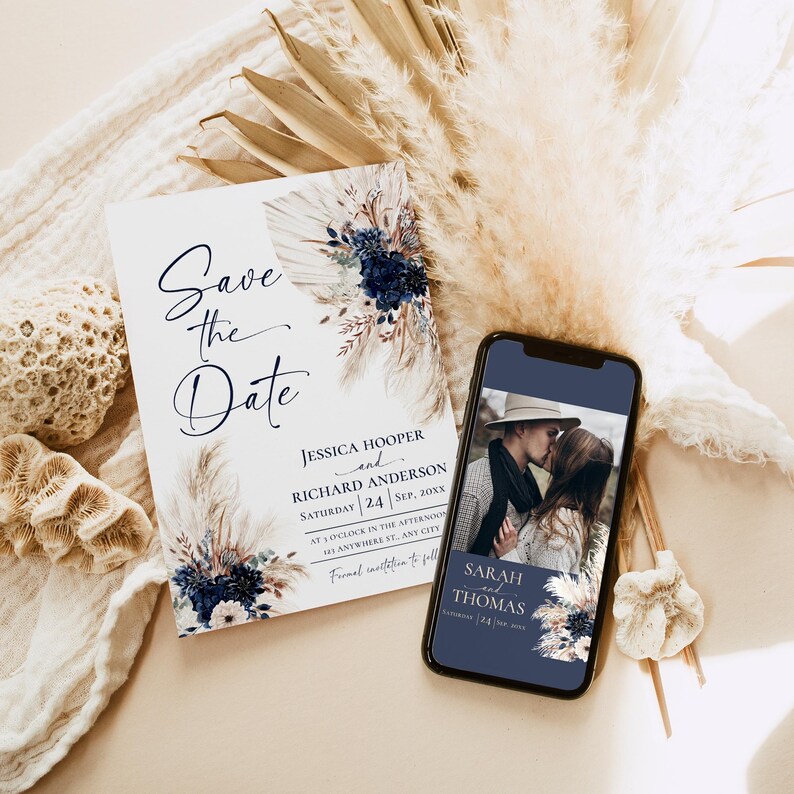 Boho Navy Blue Wedding Save the Date Cards, Navy Bohemian Wedding Save the Date Template with Photo E108