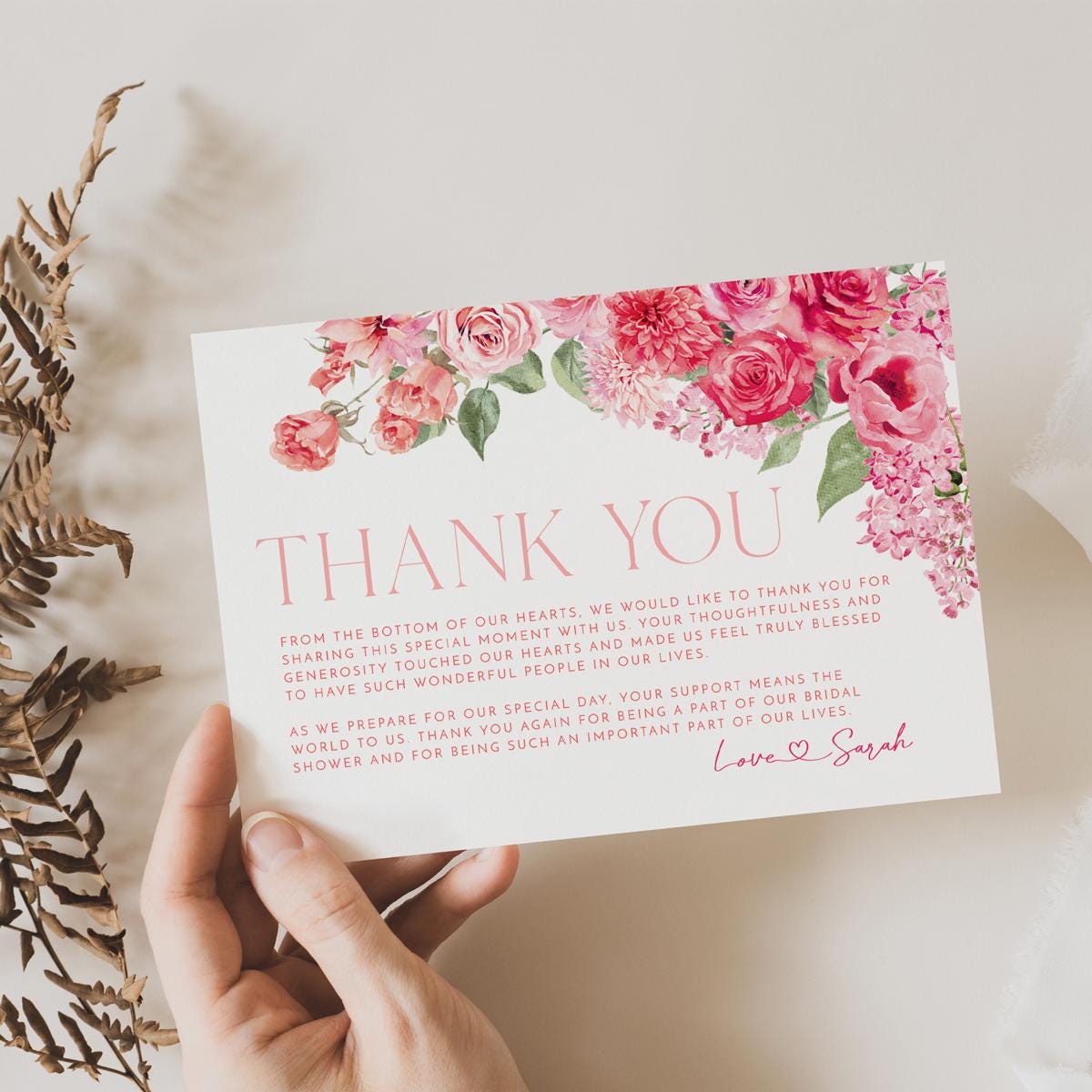 Hot Pink Floral Thank You Card Template: Bridal Shower, Wedding ...