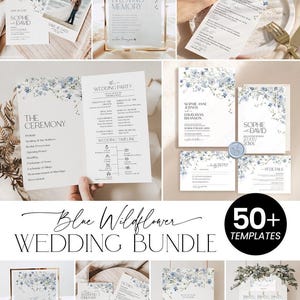 May include: A wedding stationery bundle featuring white paper cards with blue wildflower illustrations, black serif and script typography, including menus, programs, invitations, RSVP cards, table numbers, and seating charts.