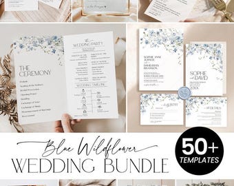 May include: A wedding stationery bundle featuring white paper cards with blue wildflower illustrations, black serif and script typography, including menus, programs, invitations, RSVP cards, table numbers, and seating charts.