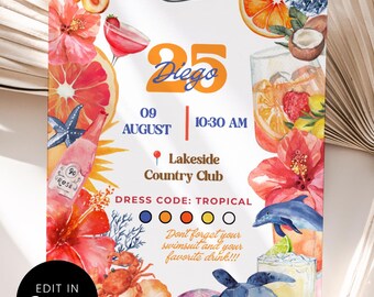 Tropical Coastal Birthday Party Invitation Canva Template, Sea Turtle Dolphin Orange Editable  Pink Prosecco Citrus Cocktail
