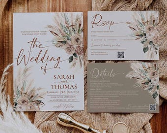 Rustic Tan Boho Fall Wedding Invitation Suite Template Printable, Terracotta Bohemian Wedding RSVP Stationery, Wedding Invite Set E130