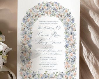 Dusty Blue Floral Wedding Invitation Template | Vintage Rose Arch Wedding Invite | Editable Printable Invitation | Romantic Wedding