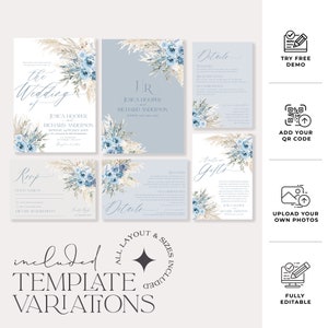 May include: A wedding invitation suite template with a blue and white floral design. The template includes a RSVP card, details card, and a note card. The text on the invitation reads "the wedding of Jessica Hooper and Richard Anderson".