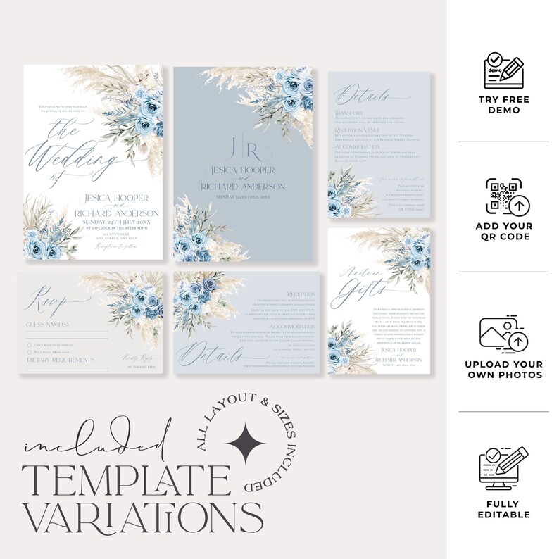 May include: A wedding invitation suite template with a blue and white floral design. The template includes a RSVP card, details card, and a note card. The text on the invitation reads "the wedding of Jessica Hooper and Richard Anderson".