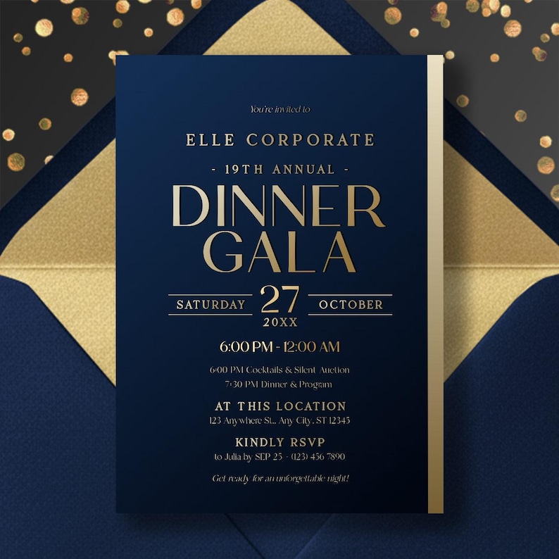 Luxury Navy Gold Dinner Gala Invitation Template 5x7 | Editable Corporate Event Invite | Formal Annual Party E-Vite Corjl
