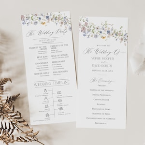 May include: A wedding invitation with a floral design and a timeline of events. The invitation includes the names Sophie Hooper and David Robert, the date Sunday, 07.08.20XX, and the text "The Wedding Party" and "The Ceremony".