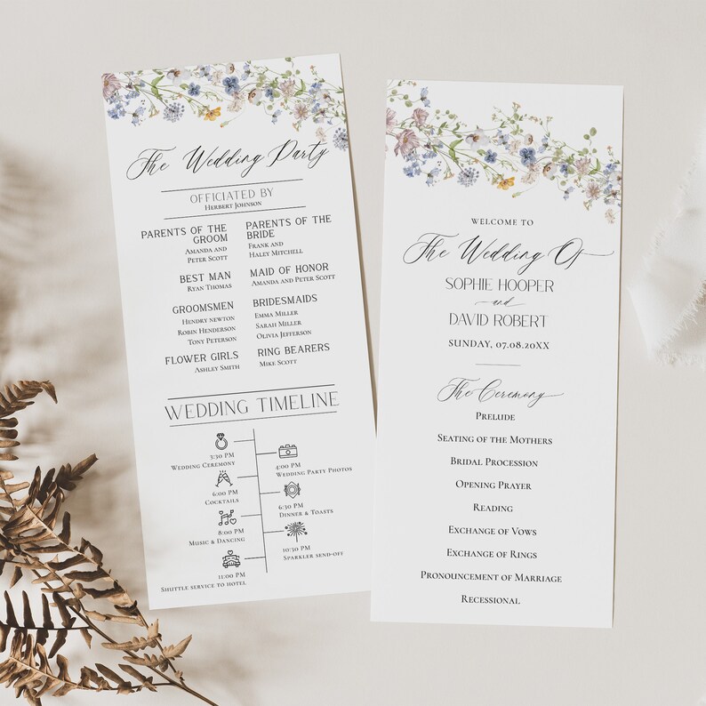 May include: A wedding invitation with a floral design and a timeline of events. The invitation includes the names Sophie Hooper and David Robert, the date Sunday, 07.08.20XX, and the text "The Wedding Party" and "The Ceremony".
