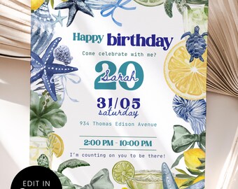 Coastal Ocean Sea Turtle Birthday Party Invitation, Blue Starfish Seashell Card, Citrus Lemon Margarita, Canva Edit, Printable Template