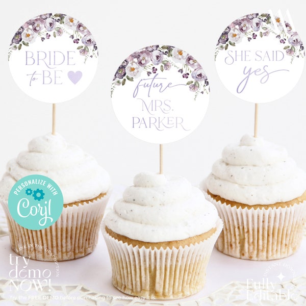 Poppy Purple Cupcake Toppers, Floral Bridal Shower Cupcake Toppers, Printable Floral Cupcake Topper, Editable Cupcake Shower decor B002