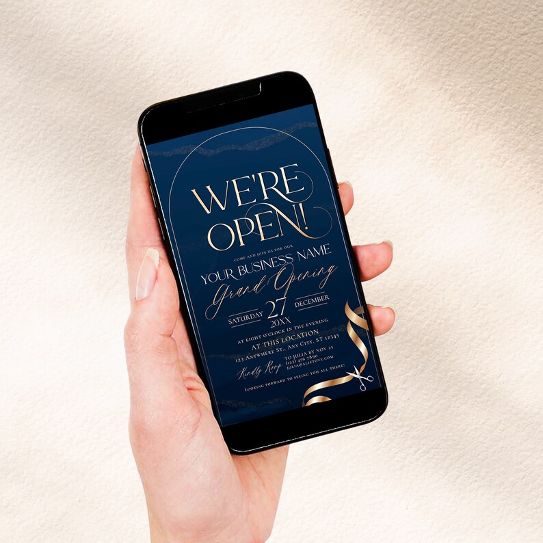 Navy and gold grand opening flyer with ribbon cutting theme, perfect for business launch events.
