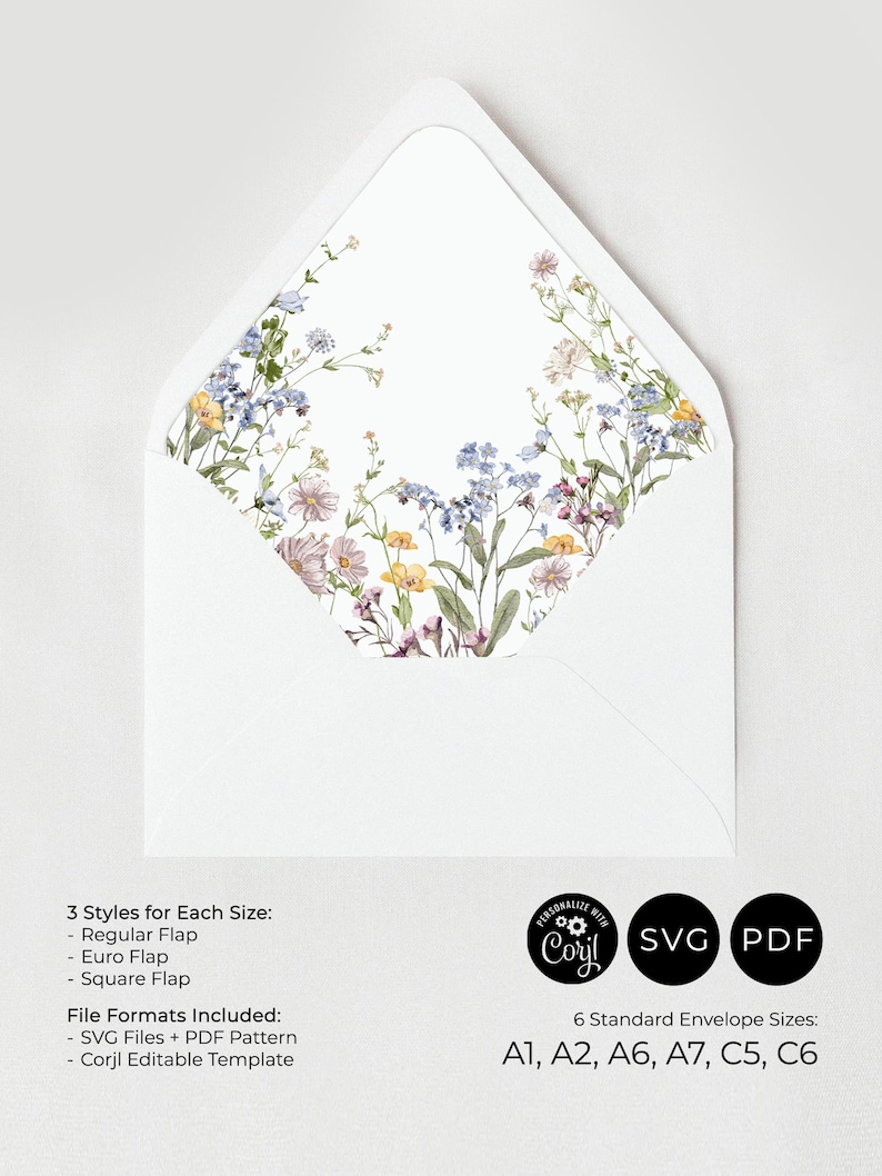 Wildflower Envelope Liner Template, DIY Envelope Liner A7 Euro Flap, Square Flap Envelope Liner Template Wedding Printable Bundle