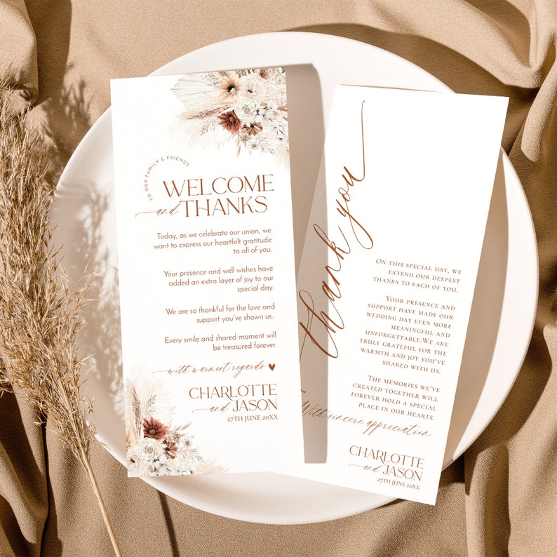 May include: Two white wedding program cards featuring floral illustrations in beige, cream, and rust tones. The text reads Welcome and Thanks, Thank you, and includes the names Charlotte and Jason with the date 27th June 20XX in serif and script fonts.